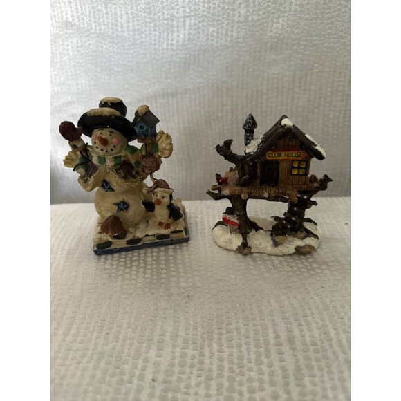 Whimsical snowman and penguin figurine and WinteryTree house figurine, 4”, resin - Picture 1 of 6